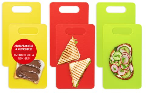 Coolinato Frühstücksbrettchen Kunststoff, 6er Set, 24,5 x 14,5 x 0,5 cm, antibakterielle Schneidebretter mit Griff, 3 Farben, Küchenbretter spülmaschinenfest