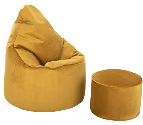 Loft 25 Capriccio Velvet Sitzsack Sessel| Samtweicher Premium Indoor Sitzsack für das Wohnzimmer | Ergonomisches Design zur Unterstützung der Körperhaltung (Sitzsack + Fußhocker, Tumeric)