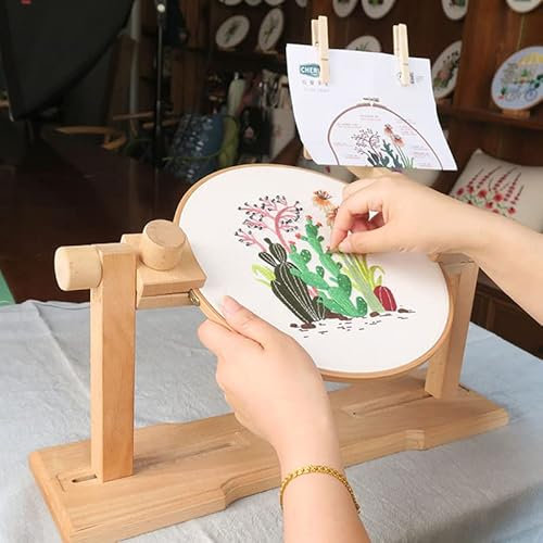 Nisorpa Embroidery Frames and Stands, Adjustable Cross Stitch Frames and Stands,360° Rotation Embroidery Kits, Natural Wood Embroidery Hoop Holder Stand, Hands Free Embroidery Hoop