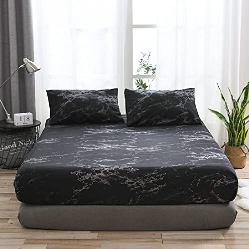 Bettlaken Spannbettlaken 160x200 Schwarz Weiß Marmor Muster Boxspringbett Jersey Bettlaken Microfaser Spannbetttuch Leintuch Muster Hochwertiges Spannleintuch für Hohe Matratze bis 25-30 cm