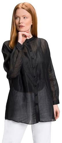 Ulla Popken Damen große Größen Übergrößen Plus Size Rami-Bluse, Leinenoptik, Stehkragen, Plastron, Langarm schwarz 46+ 808767100-46+