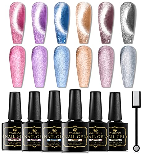 MSRUIOO Cat Eye UV Gel Nagellack Cat Eye Gel 9D Cateye Nail Polish 6 Farben Cateye Magnet UV Nagellack Glitzer mit 1 Magnet DIY Art Maniküre für Nagelstudio