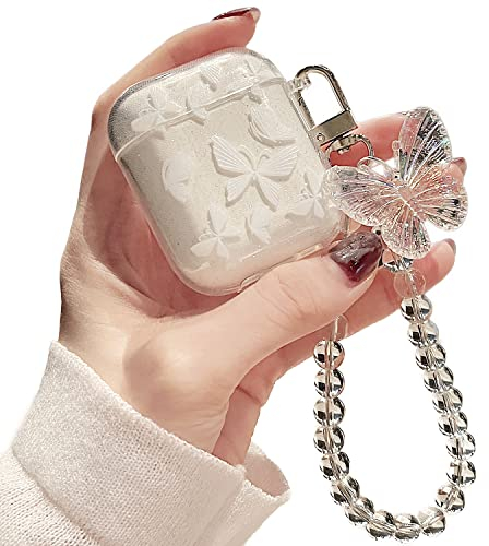 Niedliche Airpod 1 & 2 Hülle mit Schlüsselanhänger, niedliches glitzerndes Glitzer-Schmetterlingsmuster-Design, weiches Silikon,stoßfest, kompatibel mit Airpods 2/1 Ladehülle für Mädchen und Frauen