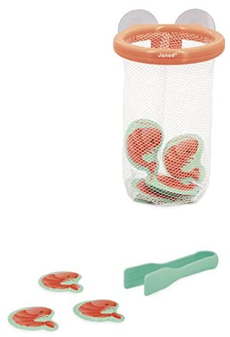 Janod – Garnelenfänger – Baby-Badespielzeug – 12 Garnelen, Zange und Saugnapfkorb – Frühlernspiel ab 24 Monaten – J04730