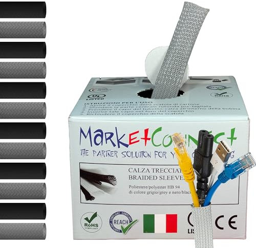 MarketConnect® Gaine Câbles Expansible Ø 20mm, L 30m • Range et Cache les Câbles • Idéal pour Bureau et TV • GRIS • INDUSTRIEL SMALL