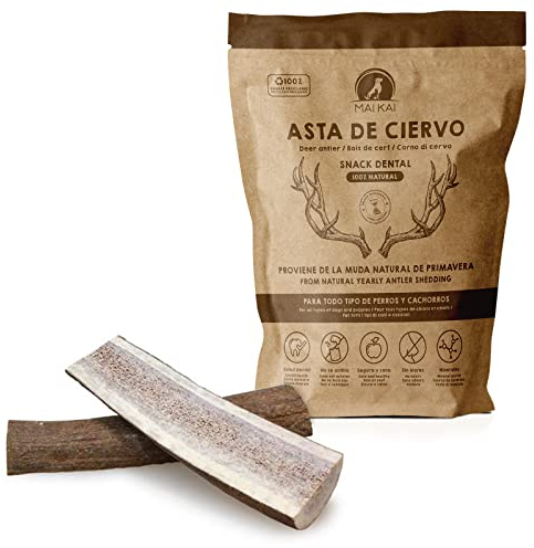 MAIKAI Confezione da 2 Corno di Cervo per Cani Taglia L – 100% Naturale, Sicuro e Resistente – Masticativo Lunga Durata per Igiene Dentale – Riduce Placca e Tartaro – Giocattolo Naturale Regalo Cane