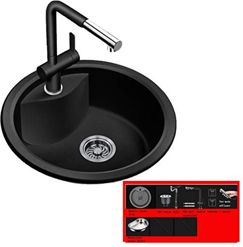 WJYCGFKJ Infissi da Cucina Lavello Rotondo a Vasca Singola Lavello in Pietra di Quarzo Mini Lavello per Posate con Rubinetto Telescopico (Color : Black, Size : 43.5 * 19.5cm)