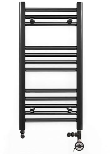 Myhomeware 300mm Wide Black Dual Fuel Electric Radiator Bathroom Towel Rail Radiator With Thermostatic and Standard Electric Element UK (300 x 700 mm (h), MOA Thermostatic Electric Element)