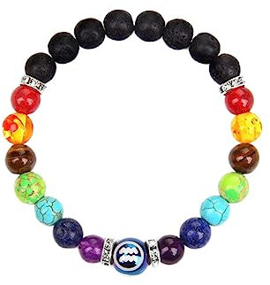 LODMLOER Sternzeichen-Armband, 7 Chakra, 12 Sternbild-Armbänder, 8 Mm Herren-Perlenarmband, Für Damen Und Herren, Lava-Yoga-Armreif, Strand-Sommer-Schmuck, Wassermann, 19 cm