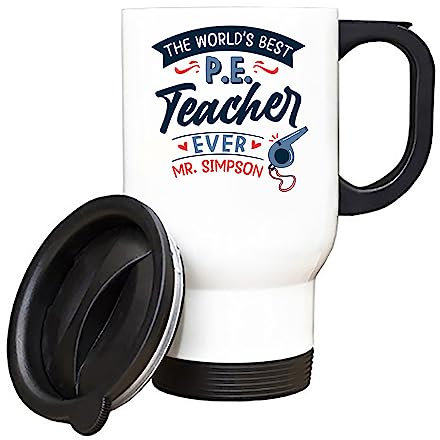 Getagift P.E. Teacher Gift, Personalised The Worlds Best P.E. Teacher Gift, Silver, White Insulated 14oz Travel Mug, Tea, Coffee Mug. (White)