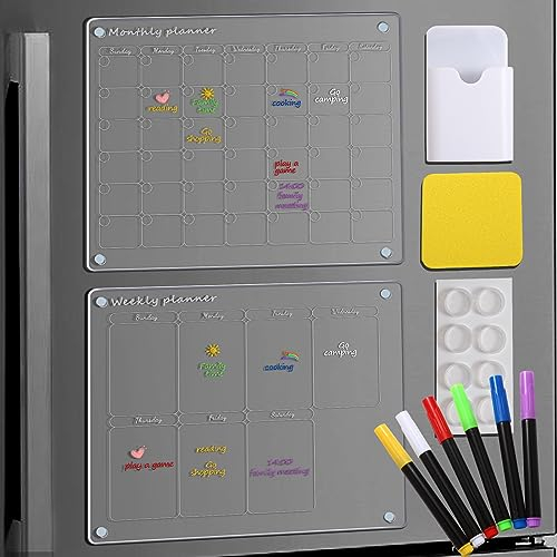 Magnetic Acrylic Calendar for Fridge 2 Set,12x16 Monthly & Weekly Clear Fridge Calendar Dry Erase Magnetic Planning Boards with Eraser & 6 Color Markers, Pen Holder