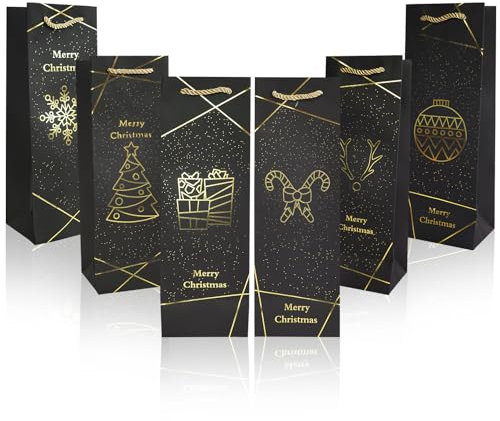 Uptotop Christmas Bottle Bags, 6 Pack Gold Foil Christmas Wine Gift Bags, Xmas Kraft Paper Bags with Rope Handles for Holiday Party Gift Giving