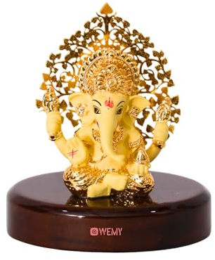 House Of Wemy Ganpati-Statue Ganesh-Idol/Murti mit Kalpavriksh-Baum, 24 Karat vergoldet, für Auto-Armaturenbrett, Bürotisch, hinduistisches Geschenk und ästhetische Dekoration für Zuhause, Kunstharz