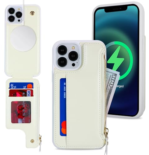 SailorTech iPhone 13 Pro Max Case with Credit Card Holder magsafe, iPhone 13 Pro Max Phone Leather Case Wallet for Women Compatible mag safe Card Slots Zipper Shockproof Case for Men - Beige