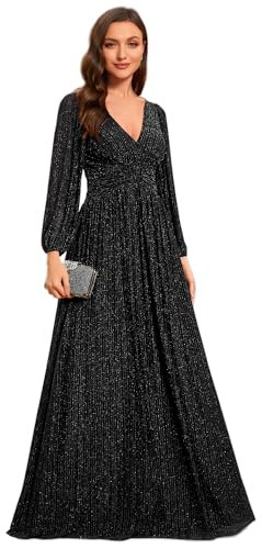 Ever-Pretty Kleid Elegant Damen Festlich Lang Langarm Ballkleid Maxi Hell Abendkleider Elegant für Hochzeit A Line Schwarz 38