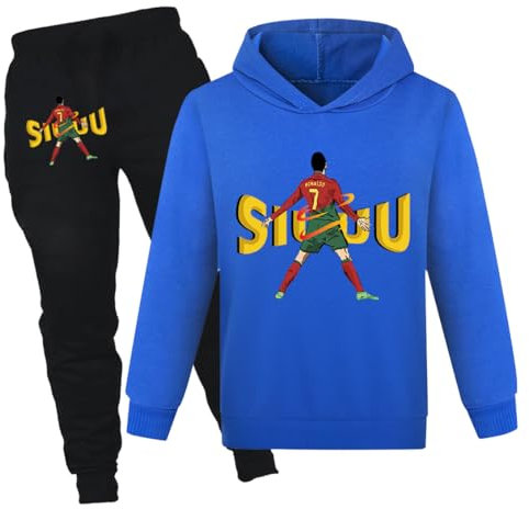 Kids Unisex Football Kit Hooded Long Sleeve and Pants 2pcs Tracksuit Age 3-13 Years (Blue, 7-8 Years)