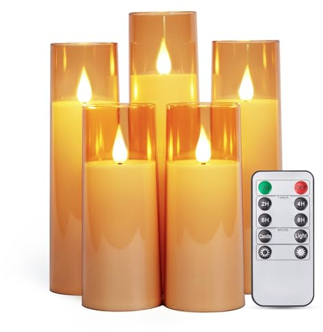 IMAGE Flackernde flammenlose Kerzen batteriebetrieben, Acryl Shell Pillar 3D Docht LED-Kerzen mit Timer für Hochzeit Weihnachten Valentinstag Huas Deko, Set von 5 (D2,3 in X H5 5 7 7 8 in),Golden