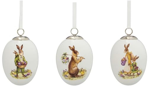 H.Bauer jun. kleine weiße Keramik Deko Eier - Bunte Motiv-Eier mit Hasen Bedruckt 5 x 7 cm zum Aufhängen - 3-teiliger Oster- oder Frühlingsschmuck für Bäume, Sträucher, Fenster oder Türen