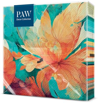 PAW - Servietten 3-lagig (33 x 33 cm) I 20 Stück I Perfekt für Geburtstage, Partys, Hochzeiten, Kommunion und Feiern I Tischdeko Bunte Papierservietten - Orange Türkis Blüten I Zen Abstract Flower