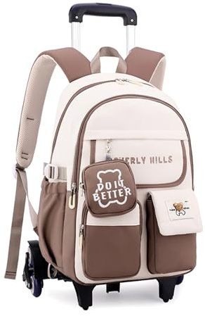 ZHANAO Color-blocking Rolling Backpack for Girls,Kawaii School Bag with Wheels,Trolley Bookbags for Primary Students