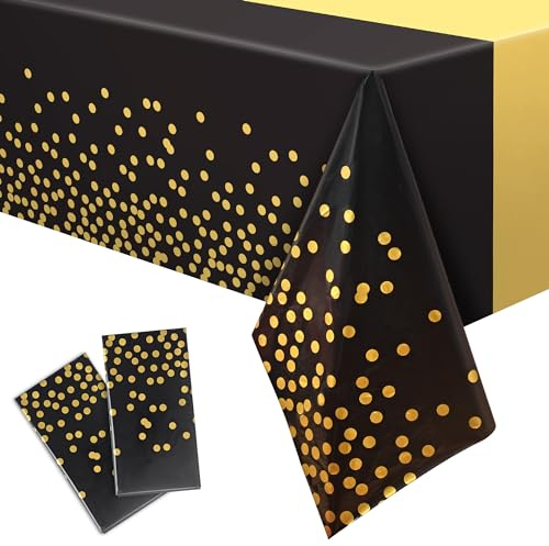 Abschluss Party Tischdecke Schwarz Gold 2 Stück - Geburtstag Tischdecken Einweg Rechteck Wasserabweisend Deko für Abi 2025 Rente Hollywood Gatsby Mubarak Hochzeit Silvester Party Deko