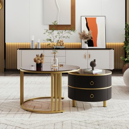 Sapgaks Table Basse Ronde 2 en 1, d'appoint Brillante avec 2 tiroirs et 1 Grande avec Plateau en Verre trempé Marron, Combinaison Table Basse de Salon,Noir,70×70×45 + 50×50×40cm