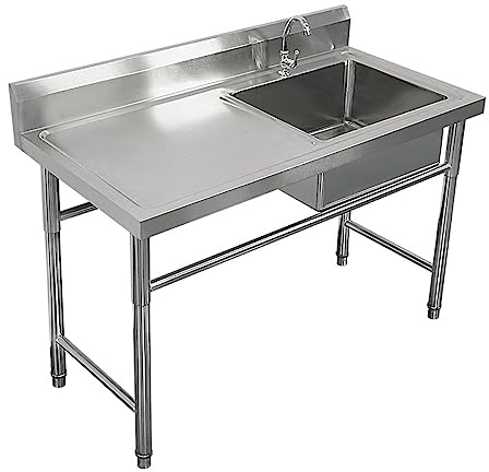 Waschbecken Freistehendes Edelstahl-Einzelbecken, gewerbliches Restaurant-Küchenspülen-Set mit Wasserhahn, Werkbank und Ablageflächen, Vorbereitungswaschbecken for den Innen- und Außenbereich Kitchen