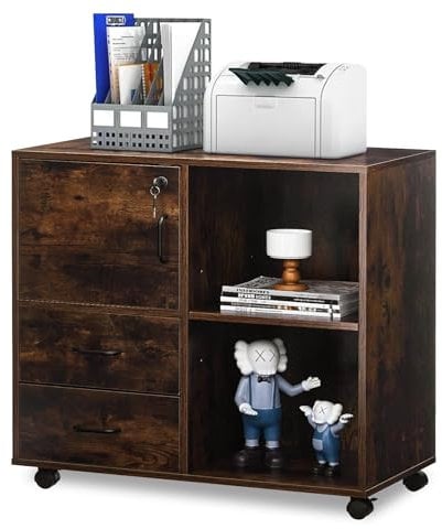 CLIPOP 2-Schubladen Mobiler Aktenschrank mit Ablagefach und Offenen Fächern,Rollcontainer Abschließbare Seitlicher Büroschrank für Das Heimbüro Organisationseinheit Druckerständer,Braun
