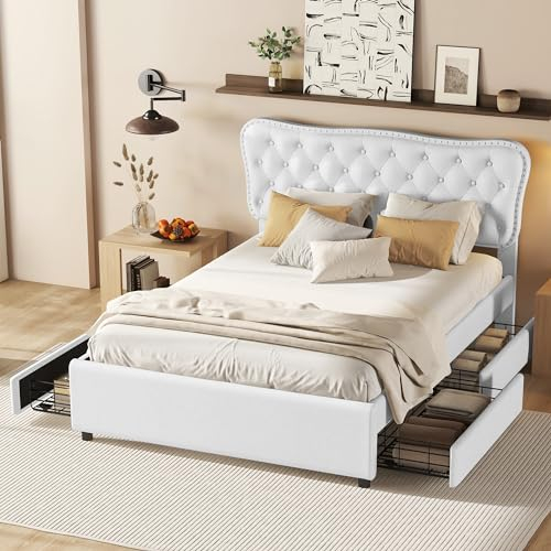 LATICO Doppelbett 140x200 cm Polsterbett mit 4 Schubladen Stauraum, Podestbett Bettgestell mit Lattenrost, Bett mit Stauraum, Jugendbett Stauraumbett Rückenlehne Bett, Ohne Matratze, Leinen (Weiß)