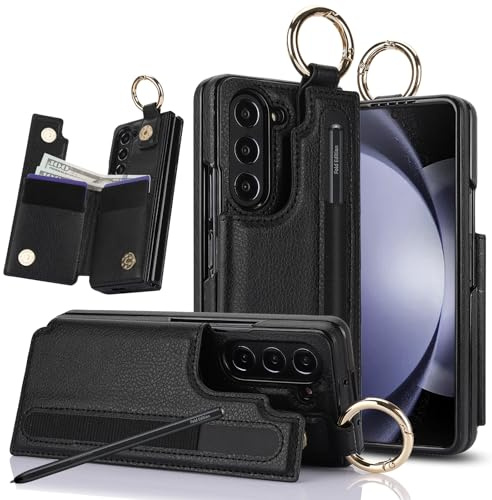 XIMAND für Samsung Galaxy Z Fold 6, Brieftaschen-Hülle mit S-Pen-Halter und Kreditkartenhalter, Geldschlitz, Leder-Magnetverschluss, Ständer, robuster Ring-Schutzhülle (schwarz)
