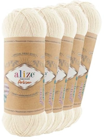 5 x 100g Sockenwolle Alize Superwash Artisan 75% Wolle Strickwolle Häkelgarn Farbwahl, Farbe:01 creme