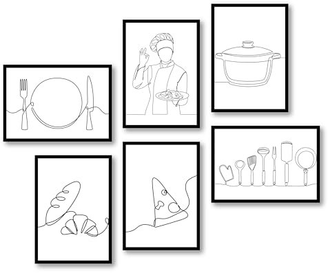 MJ-GRAPHICS® Poster Set Küche Wanddeko One Line Art Bilder Küche minimalistisch Bild Küche, Küchenbilder Deko, Wanddeko Küche Boho Poster Küche, 6xA4 Küchen Bilder Wandbild Küche - ohne Rahmen