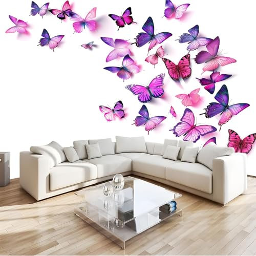 3D Papier Peint Panoramique Tapisserie Intissé Murales Papillon Rose Violet 300x210 cm, Papier Peint Enfant pour Salon Chambre Décoration Murale, Papier Peint Chambre Enfant