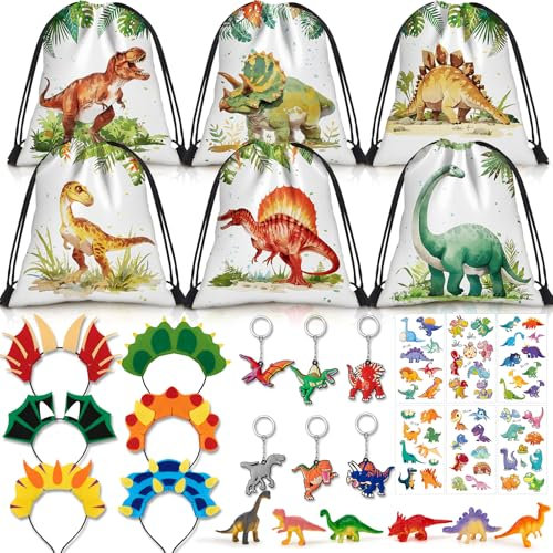 G.C Dinosaurier Mitgebsel Kindergeburtstag Dino Rucksäcke mit Kordelzug Dino Stirnband Schlüsselanhänger Tattoo Aufkleber Sticker Kordelzugbeutel Dino Party Geschenktüte Give Aways für Kinder Jungen