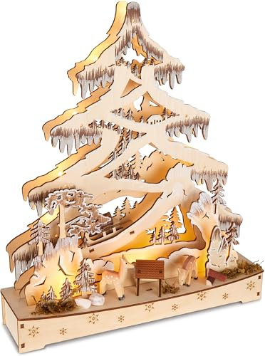 BRUBAKER 3D Lichterbogen - LED Schwibbogen - Tannenbaum Wald - Weihnachtsbeleuchtung aus Holz Natur - 34 x 28 x 9 cm - Handbemalte Figuren - Weihnachtsdeko für Tisch & Fenster