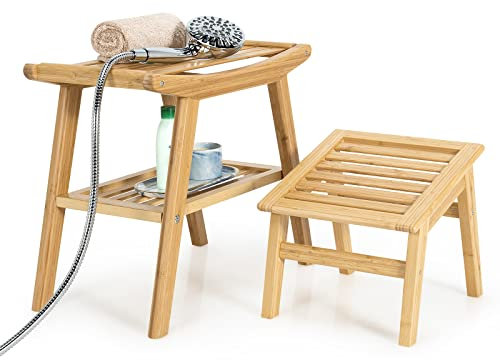COSTWAY Duschbank mit Fußhocker, Duschhocker aus Bambus mit Ablagefach, Badhocker bis 150 kg belastbar, Badehilfe Toilettenhocker für Schwangere & Alte
