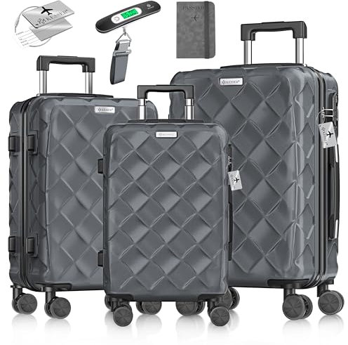 KESSER® Reisekoffer Set 3-teilig | Kofferset ABS Hartschalenkoffer mit Zahlenschloss, Kofferwaage & Reisebrieftasche 360° Rollen | Handgepäck & große Koffer für Business & Reise Trolley Charcoal