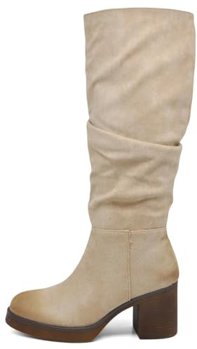 IF Fashion Scarpe da Donna Stivali Camperos Polpaccio Stropicciati Con Tacco Medio Grosso Platform Camoscio GL21 beige N.39