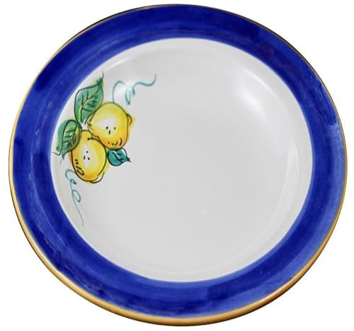 Servizio piatti per 2 persone con limoni in ceramica di Vietri dipinti a mano made in Italy (2 pezzi piatti fondo diametro cm. 25 e 2 pezzi piatti piani diametro cm. 26) (bordo blu e limoni)