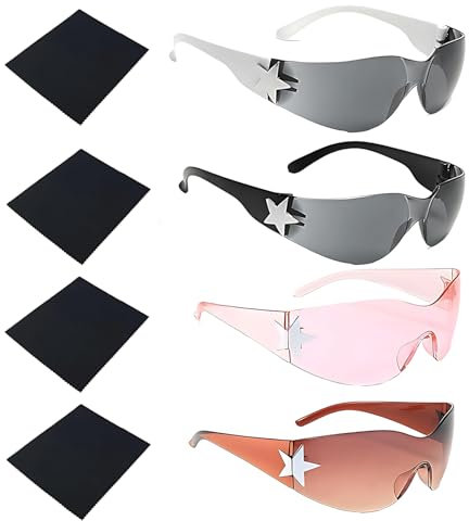 YSFVNP 4Pcs Rave Glasses, Wrap Around Sunglasses Women, Rimless Fashion Wrap Around Women with Scrubible Cloth Trendy Oversized Shades Cool for Party Beach Travel Clothes Accessories