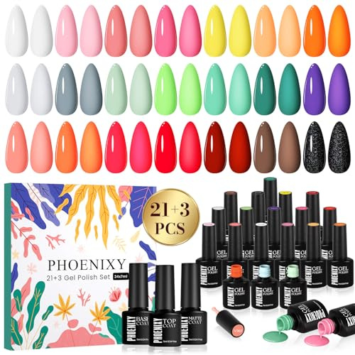 PHOENIXY Gel Nail Polish Set, 24 PCS Gel Nail Polish | 21 Colors Gel Nail Polish Kit with Base Top Coat, Spring Summer Gel Nail Varnish Sets Nail Polish Gifts for Women
