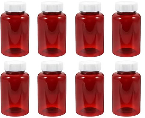 8 Pack Pill Bottles, 80ml Empty Medicine Bottles with Secure Caps, Portable Medication Storage for Home and Travel, Amber Plastic Pill Pots for Solid and Powder