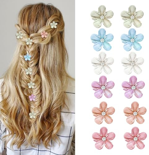 12 Ganchos para el Pelo con Flores Multicolores - Mini Pinzas de 2cm con Strass para Mujeres y Niñas, Boda & Uso Diario