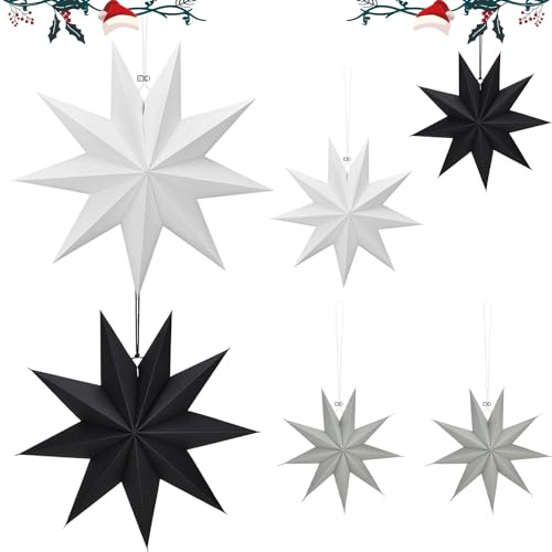 Vaskula 6 Stück 9 Zacken Papiersterne zum Aufhängen 3D Papiersterne Weihnachten Faltsterne Weihnachtsstern Deko zum Aufhängen Papier Stern Weihnachtsdeko (Schwarz Grau Weiß) 25cm 30cm 45cm