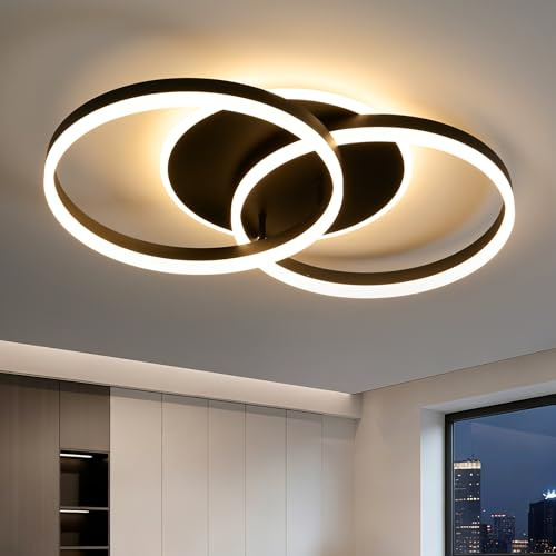 Amdelne LED Deckenlampe Wohnzimmer 68cm 2-Ringe Design, 48W Deckenleuchte Moderne mit Fernbedienung Dimmbar, aus Metall+Acryl,Mit Nachtlicht Memory-Funktion, für Schlafzimmer, Esszimmer, Büro,Schwarz
