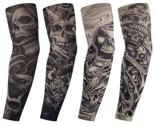 WUFKOP 4 Manchons de Tatouage, Faux Tatouage Bras avec UV Protection, Manchons Elastiques Respirants pour Hommes et Femmes, Cyclisme, Fête, Extérieur, Carnaval