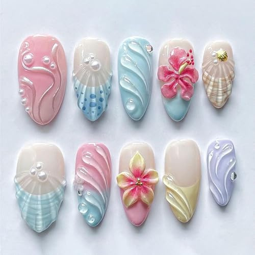 Nymora 30pcs 3D Press on Nails Short, French Tip False Nails with Jelly gel & File, Press on Nails, Medium Almond Fake Nails Glossy Nude Blue Tips