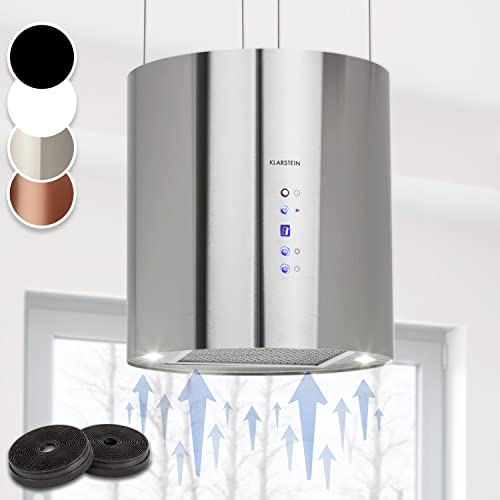 KLARSTEIN Barett - hotte aspirante îlot, hotte aspirante silencieuse Ø 35cm, Puissance Moteur 190W, 560 m³/h Max, 3 Niveaux de Puissance, éclairage LED, INOX - Argent