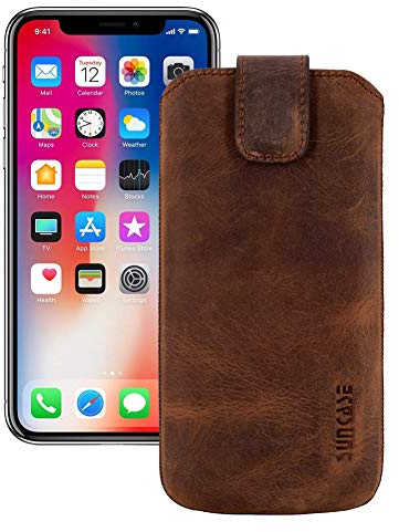 Suncase ECHT Leder Tasche für iPhone XR (6.1) mit ZUSÄTZLICHER Transparent Hülle | Schale | Silikon Bumper Handytasche (mit Rückzugsfunktion und Magnetverschluss) in antik Coffee