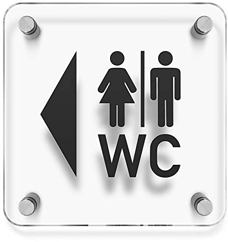 Türschilder24 WC Toiletten Wandschild/Türschild • WC Piktogramm + Pfeil - Wegweiser Links • 150 x 150mm. Schild besteht aus 3mm Acrylglas. Inkl. 4 x Abstandshalter aus Edelstahl